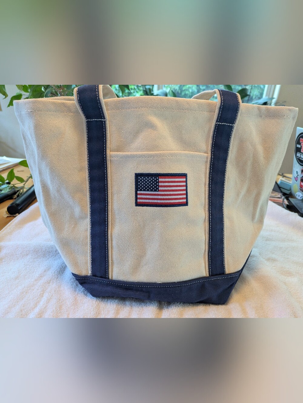 Canvas Tote Bag with American Flag Patch - Navy & Cream